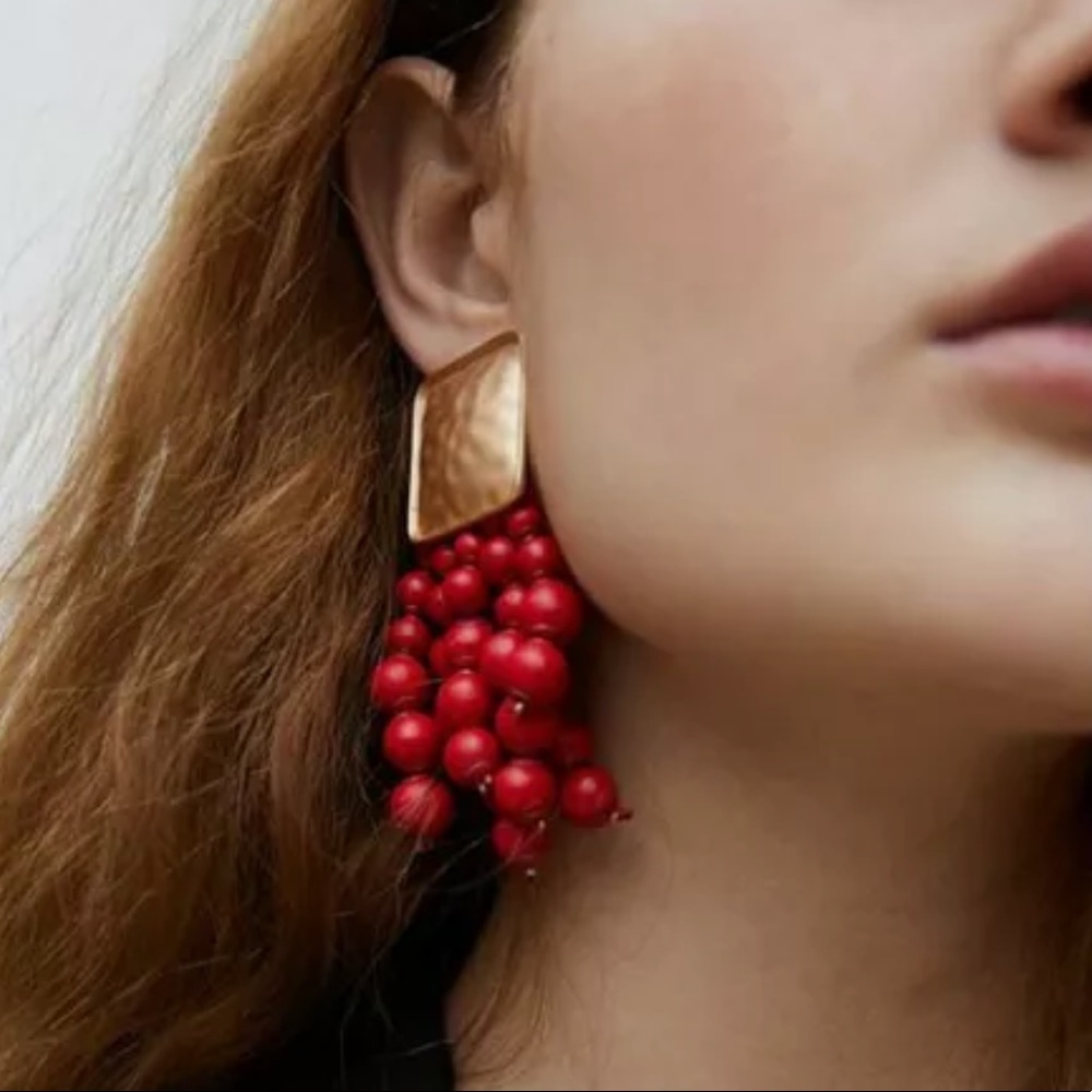 Red Beaded Drop Earrings - Picture 8 of 8